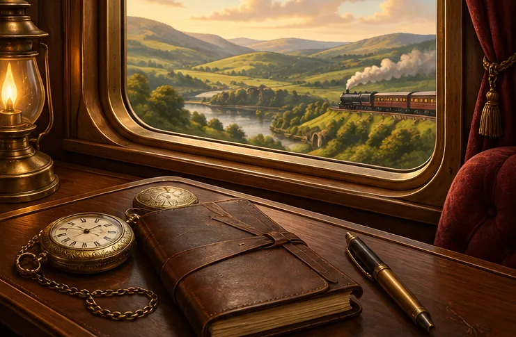 列車の車窓と旅の書き物机