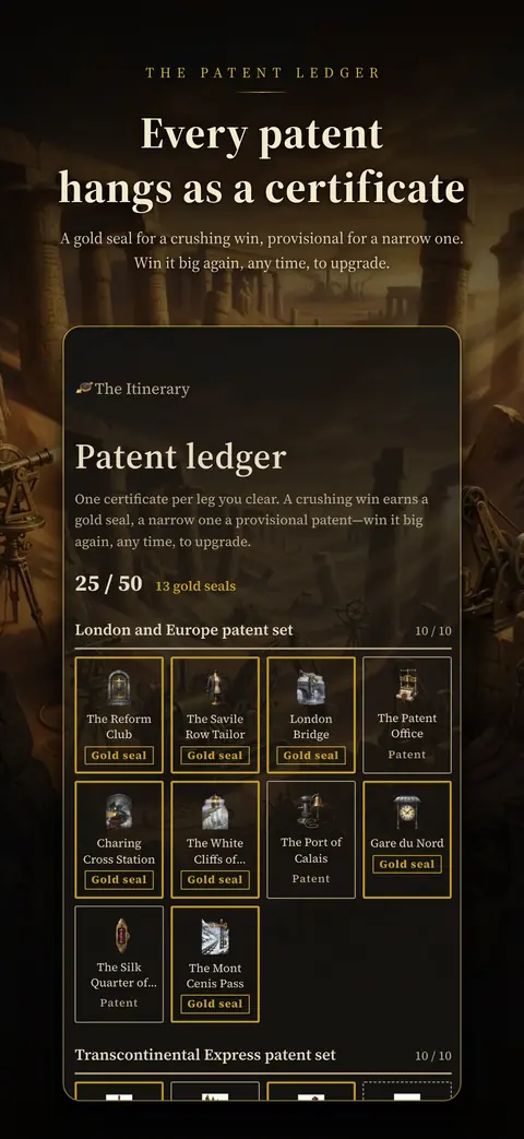 Patent ledger — a certificate for every leg you cleared