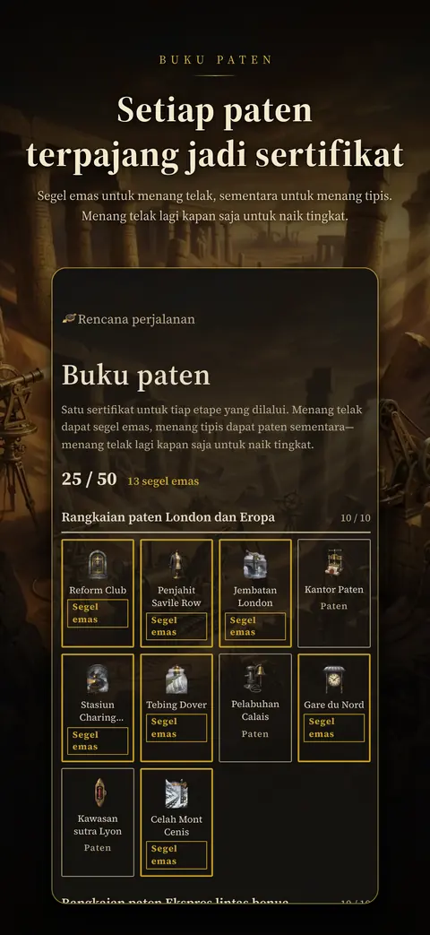 Buku paten — sertifikat untuk setiap etape yang kamu lewati